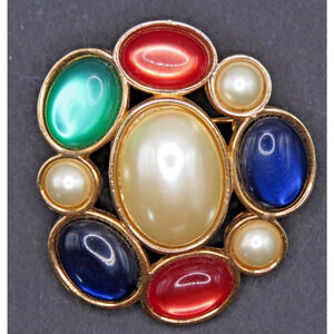 Avon Jeweled Brooch Pin Faux Pearl Gold Tone Colored Cabochon Vintage 1983